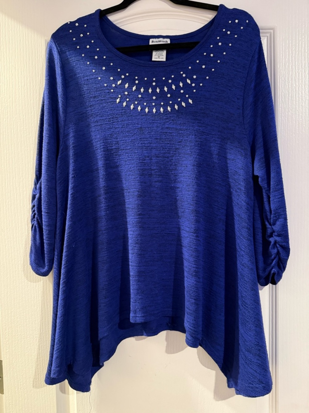 BonWorth Cobalt Blue Rhinestone-Accent Round Neck Tunic Size MP